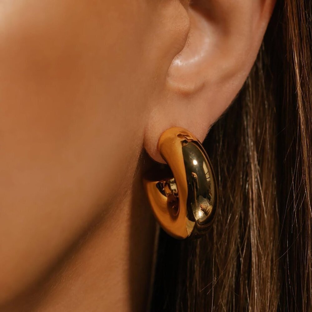 Chunky Gold Hoop Earrings for Women 14K Plated Waterdrop Dainty Jewelry - Picture 7 of 7